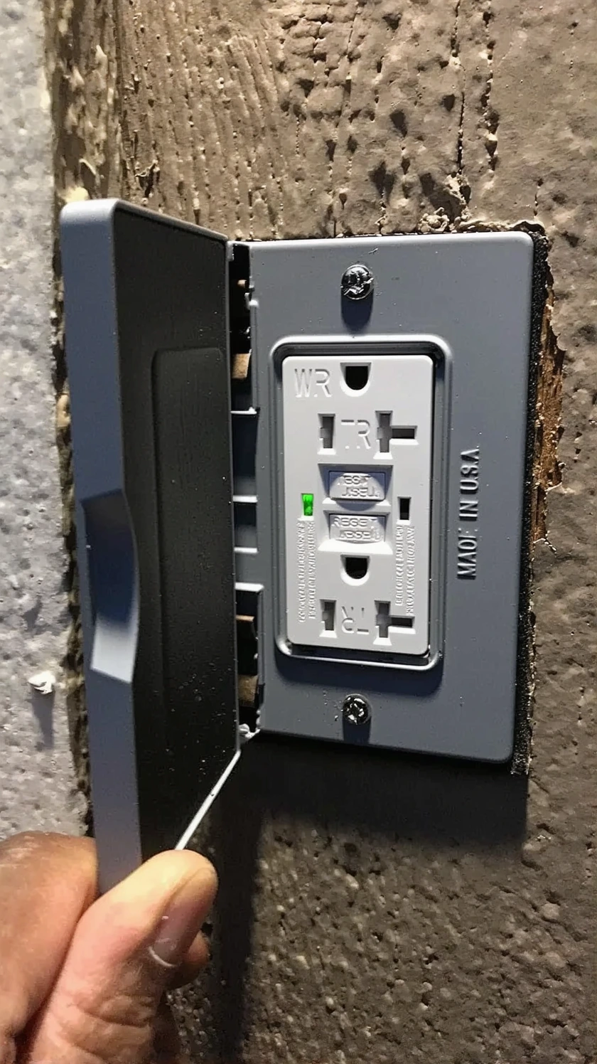 Customer photo of GFCI outlet installed on wooden dock structure near water